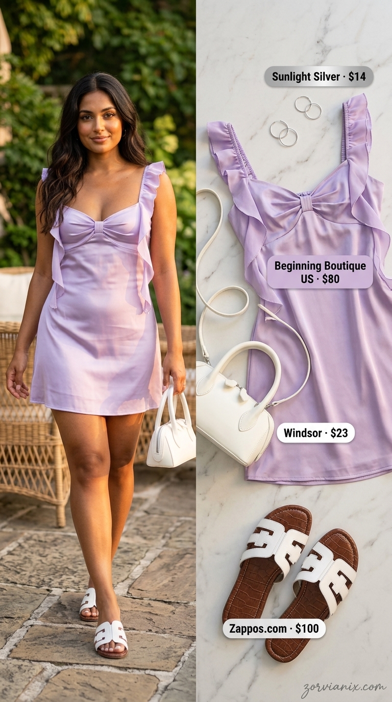 Classy Summer Outfits for Women 2026: Brunch Dress Classy summer outfits for women 2026: Lavender mini dress, white slides, silver accents for brunch.