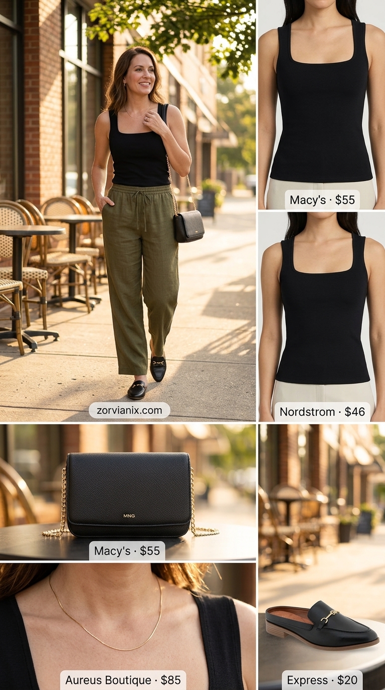 Classy Summer Outfits for Women 2026: City Cafe Chic Classy summer outfits for women 2026: Olive linen pants, black top, gold necklace for city cafe.