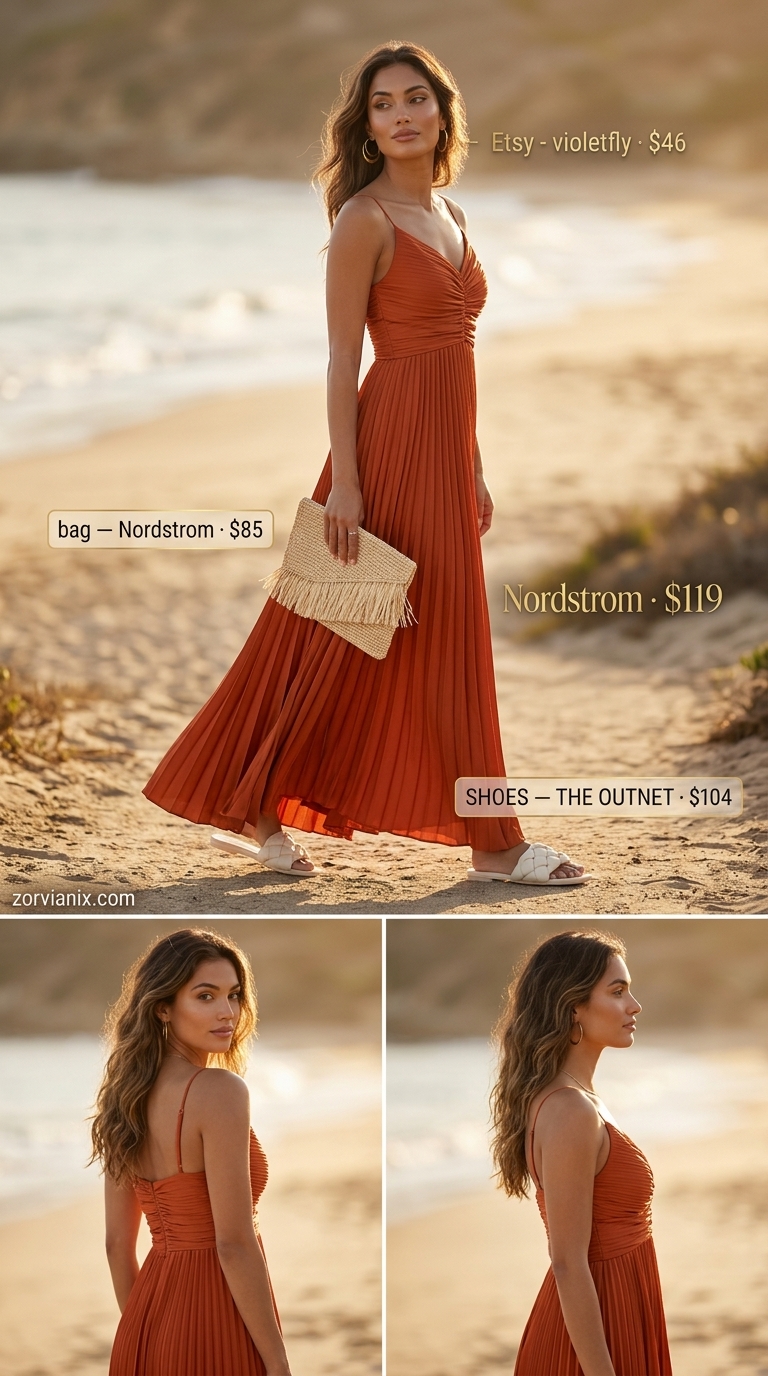 Classy Summer Outfits for Women 2026: Resort Dinner Style Classy summer outfits for women 2026: Terracotta flowy maxi dress, cream slides, gold jewelry for resort dinner.