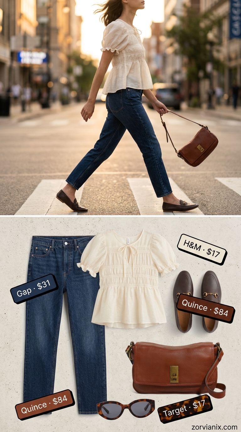 Classy Summer Outfits for Women 2026: Elevated Everyday Classy summer outfits for women 2026: Dark indigo jeans, cream blouse, brown loafers for elevated everyday.