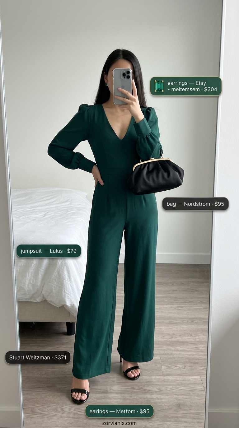 Classy Summer Outfits for Women 2026: Evening Glamour Classy summer outfits for women 2026: Emerald green jumpsuit, black sandals, gold jewelry for cocktail party.