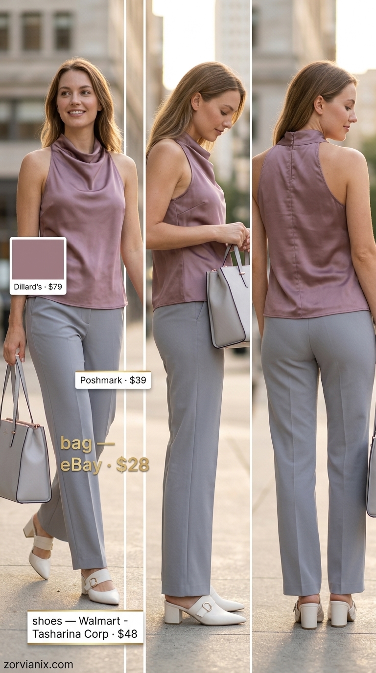 Classy Summer Outfits for Women 2026: Business Casual Classy summer outfits for women 2026: Blush pink blouse, gray trousers, white heels for business casual.