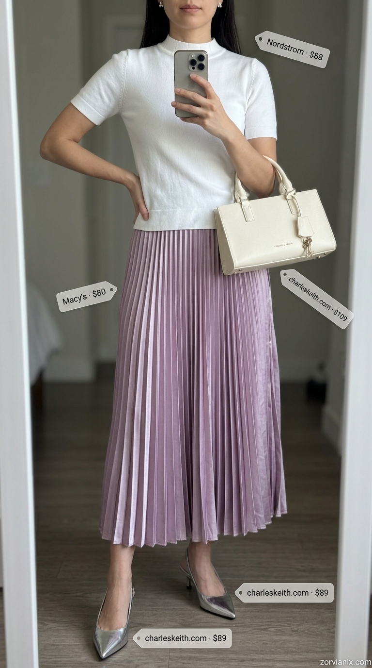 Classy Summer Outfits for Women 2026: Gallery Opening Style Classy summer outfits for women 2026: Lavender pleated skirt, white knit top, silver pumps for gallery opening.