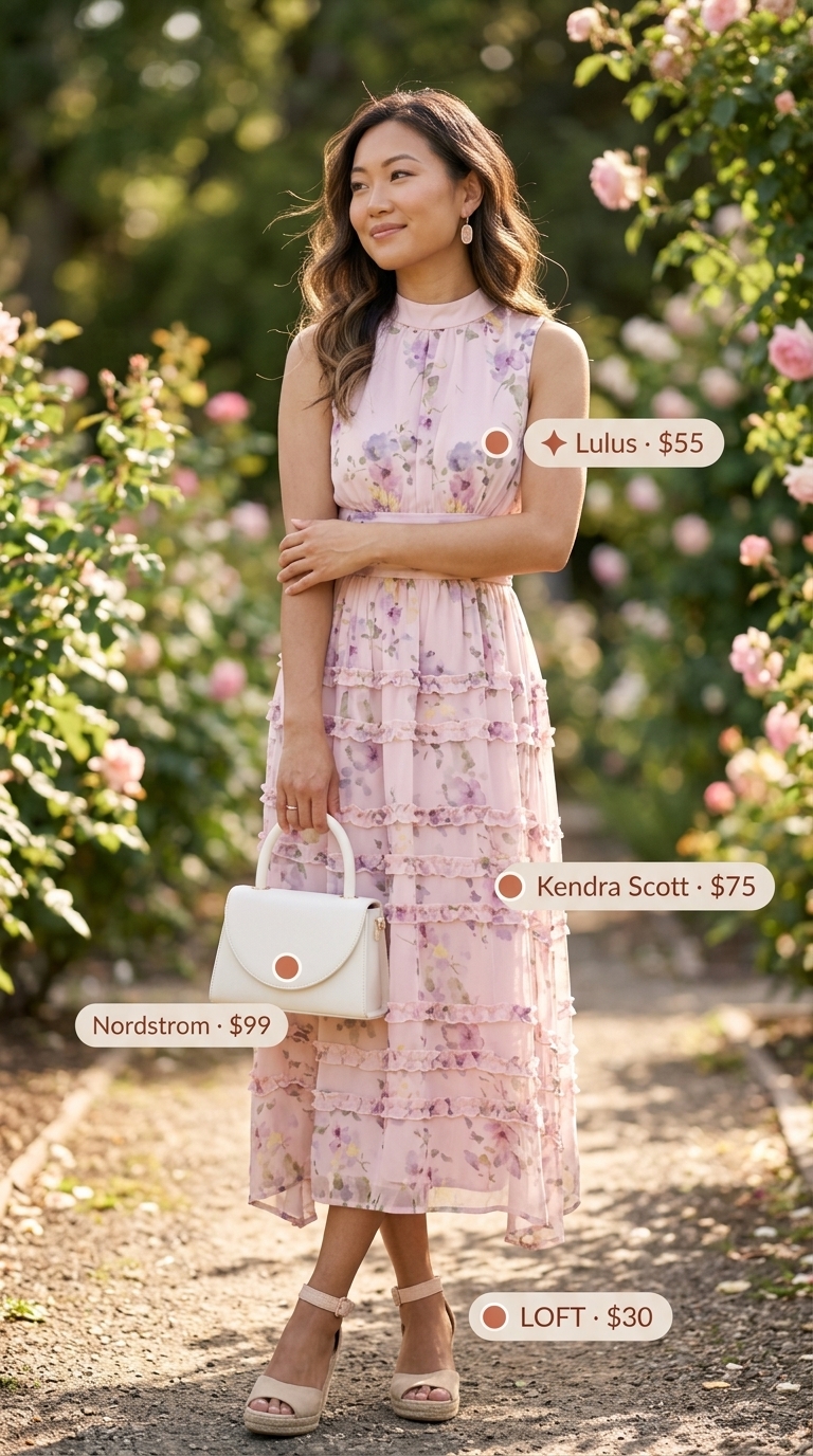 Classy Summer Outfits for Women 2026: Garden Party Dress Classy summer outfits for women 2026: Blush floral midi dress, nude espadrilles, rose gold earrings, ivory top-handle bag for garden party.