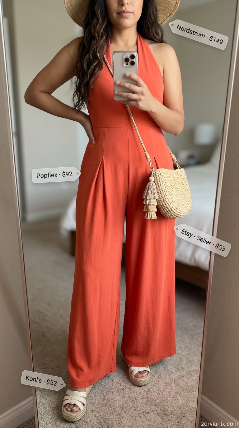 Classy Summer Outfits for Women 2026: Jumpsuit Style Classy summer outfits for women 2026: Terracotta wide-leg jumpsuit, straw hat, gold hoops, woven crossbody bag for outdoor party.