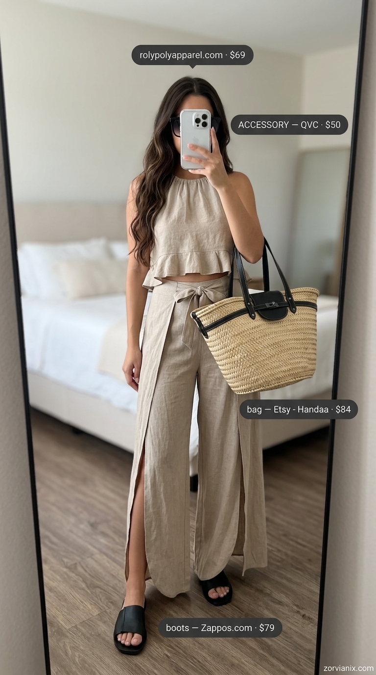 Classy Summer Outfits for Women 2026: Linen Co-ord Classy summer outfits for women 2026: Sandy beige linen co-ord set, black slides, straw tote, square sunglasses.