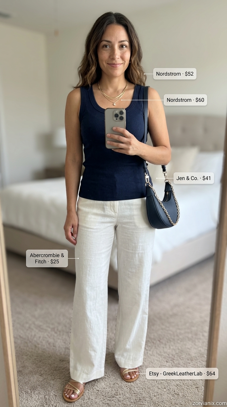 Classy Summer Outfits for Women 2026: Linen Pants Classy summer outfits for women 2026: Ivory linen pants, navy knit tank, gold necklaces, metallic sandals, navy shoulder bag.