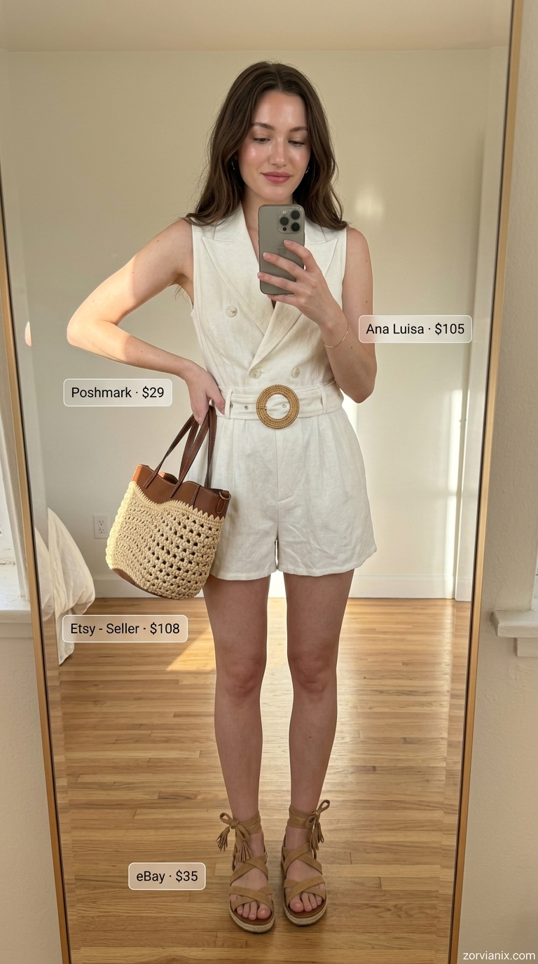Classy Summer Outfits for Women 2026: Linen Romper Classy summer outfits for women 2026: White linen romper, tan espadrilles, straw tote, gold bracelet, tortoise sunglasses.