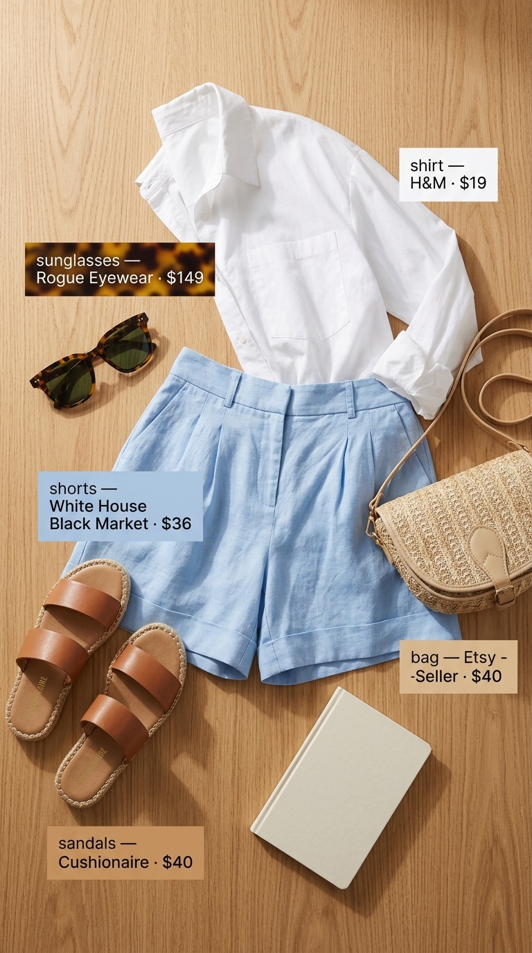 Classy Summer Outfits for Women 2026: Linen Shorts Classy summer outfits for women 2026: Sky blue linen shorts, white oversized shirt, tan espadrilles, straw crossbody bag, sunglasses.