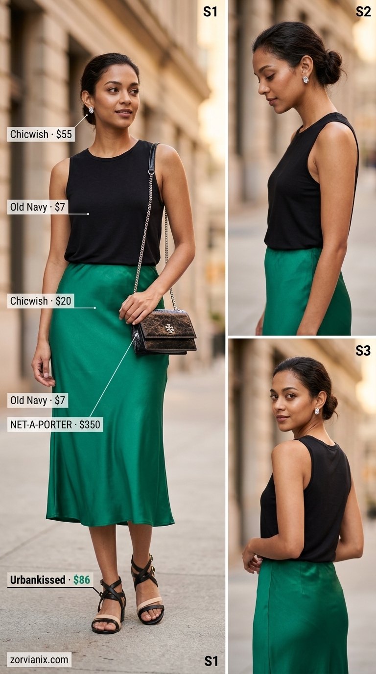 Classy Summer Outfits for Women 2026: Midi Skirt Classy summer outfits for women 2026: Emerald satin midi skirt, black knit top, black sandals, silver earrings, black shoulder bag.