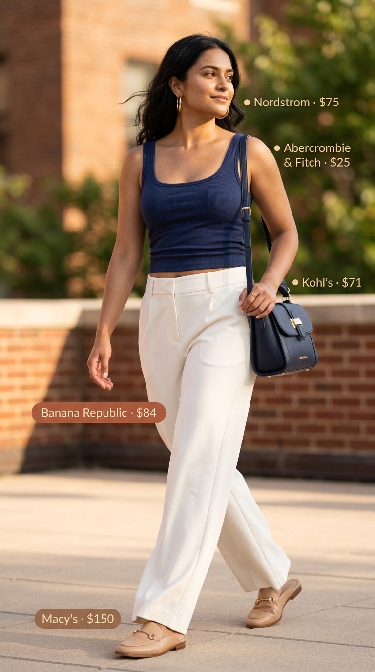 Classy Summer Outfits for Women 2026: Riviera Brunch Pants Classy summer outfits for women 2026: Ivory wide-leg pants, navy knit top, gold hoops for Riviera chic brunch.