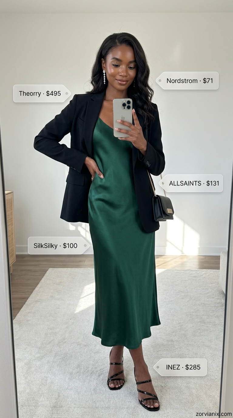 Classy Summer Outfits for Women 2026: Silk Dress Classy summer outfits for women 2026: Emerald silk slip dress, black blazer, black stilettos, silver drop earrings, black clutch.