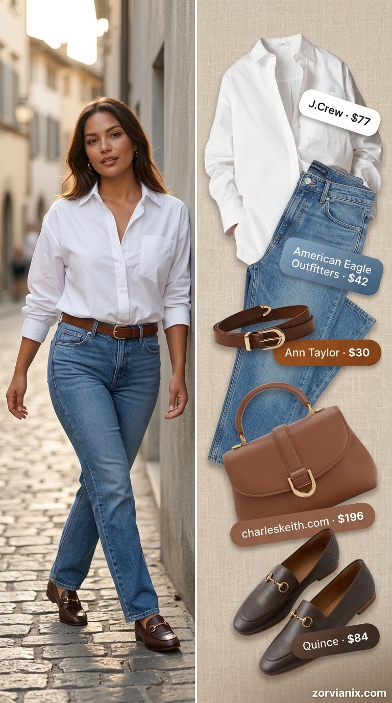Classy Summer Outfits for Women 2026: Vineyard Visit Classy summer outfits for women 2026: White button-down, denim jeans, brown loafers for vineyard visit.