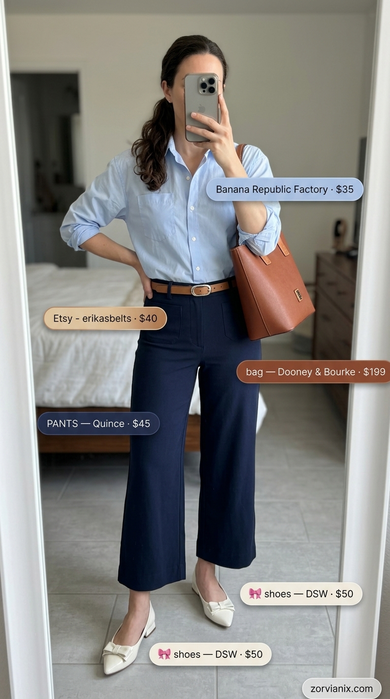 Classy Summer Outfits 2026: Office to Aperitivo Classy summer outfits for women 2026: Light blue shirt and navy pants for office to aperitivo. Polished and smart.