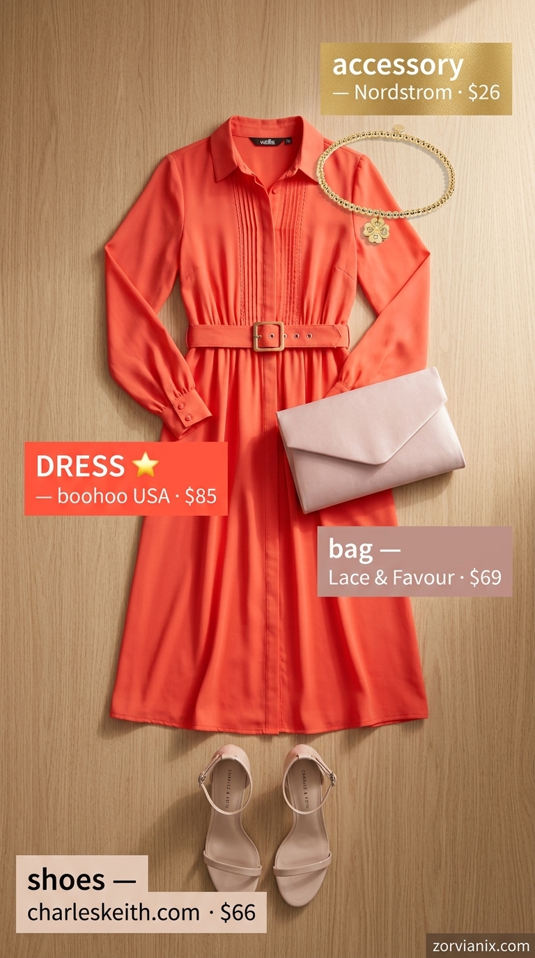 Classy Summer Outfits 2026: Sunset Soirée Dress Classy summer outfits for women 2026: Coral midi shirt dress for sunset soirée. Confident and sophisticated.