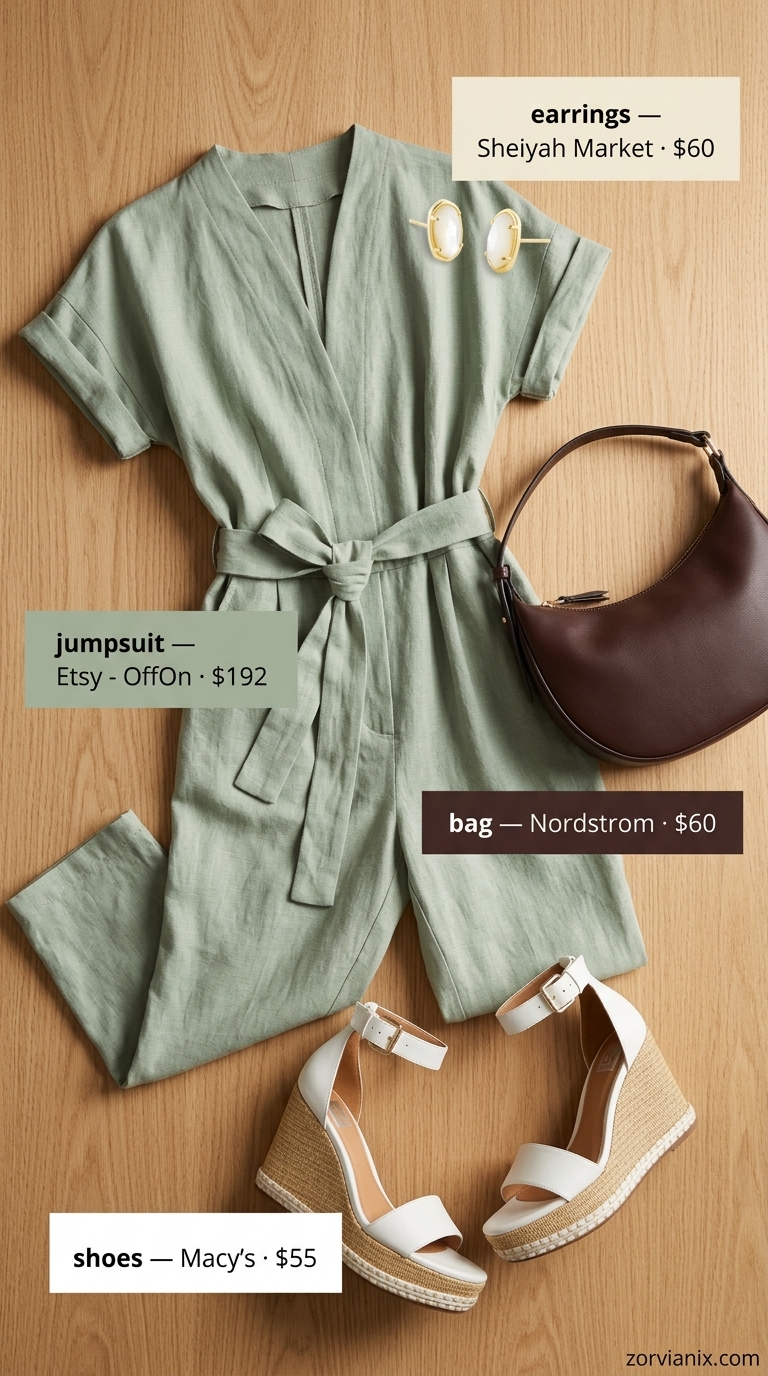 Classy Summer Outfits 2026: Garden Brunch Jumpsuit Classy summer outfits for women 2026: Sage green linen jumpsuit for city garden brunch. Effortless urban chic.