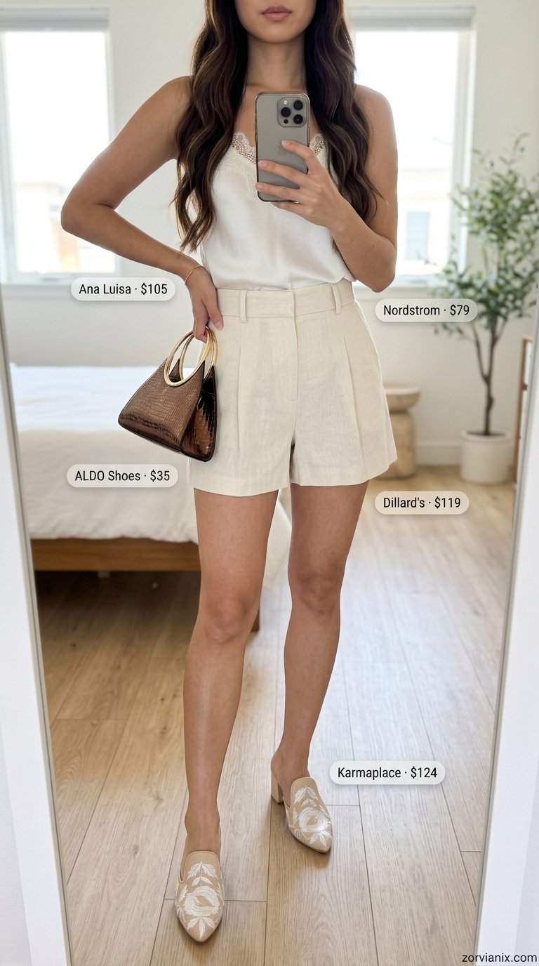 Classy Summer Outfits 2026: Chic Brunch Shorts Classy summer outfits for women 2026: Tan shorts and silk camisole for city chic brunch. Feminine and fresh.