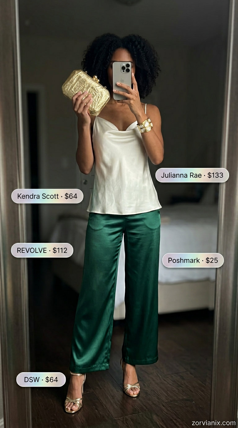 Elegant emerald green wide-leg trousers for colorful summer outfits for women 2026. Sophisticated evening look.