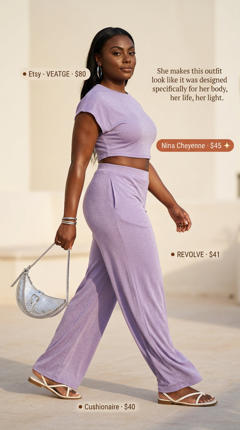 Chic lavender linen set for colorful summer outfits for women 2026. Wide-leg pants & crop top with silver accessories.