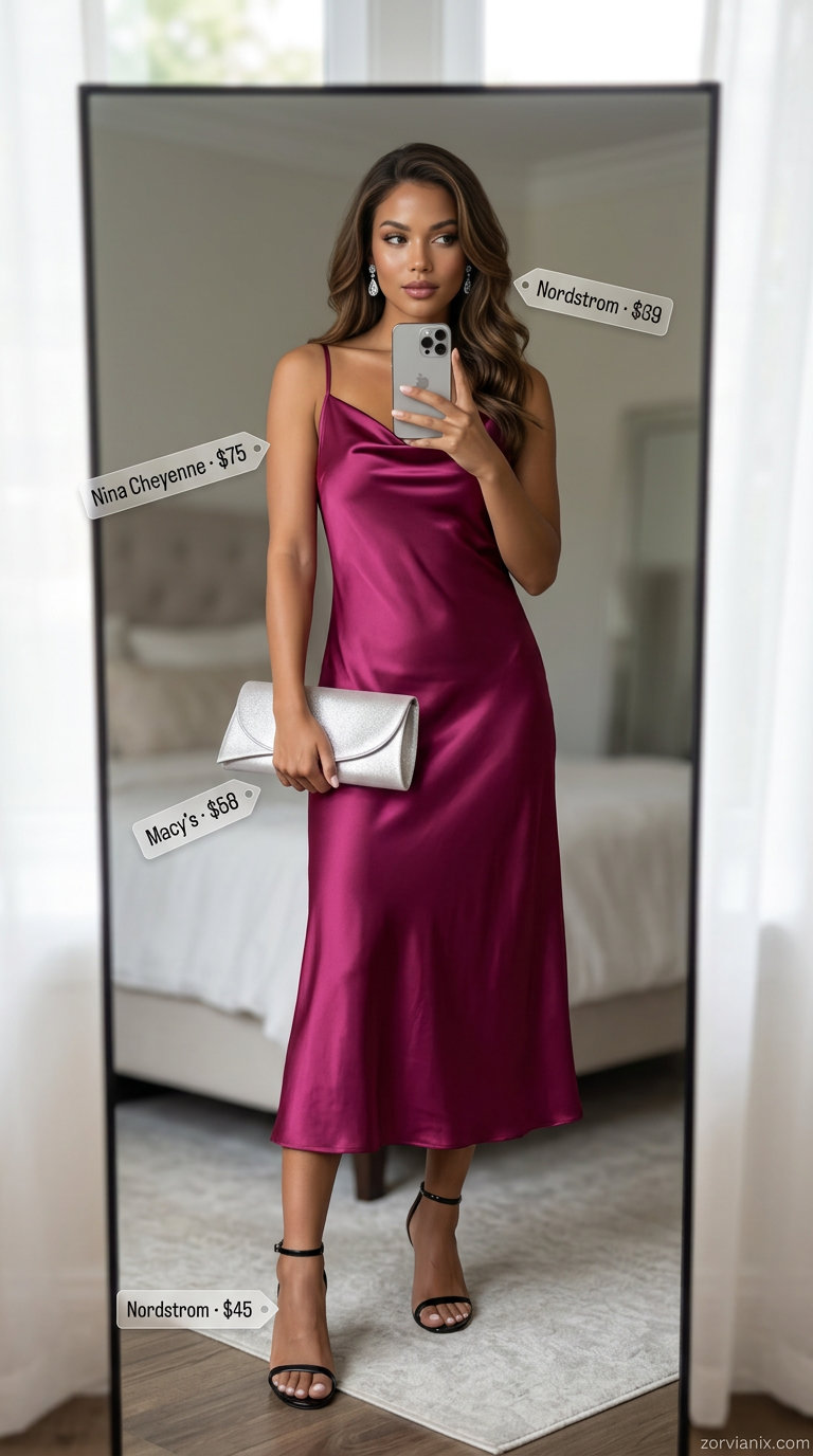 Glamorous magenta slip dress for colorful summer outfits for women 2026. Perfect for date nights with silver heels.