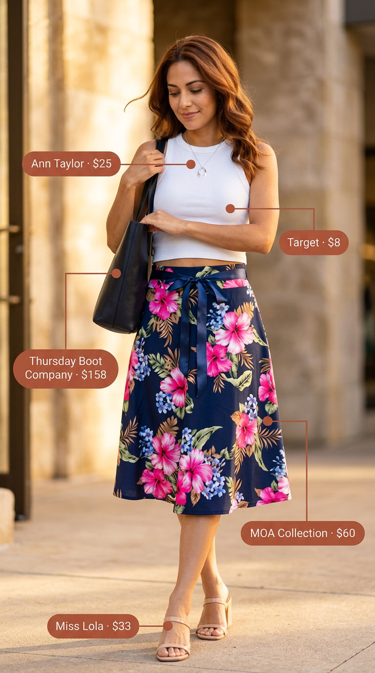 Polished navy floral midi skirt outfit for colorful summer outfits for women 2026. Smart casual office look.