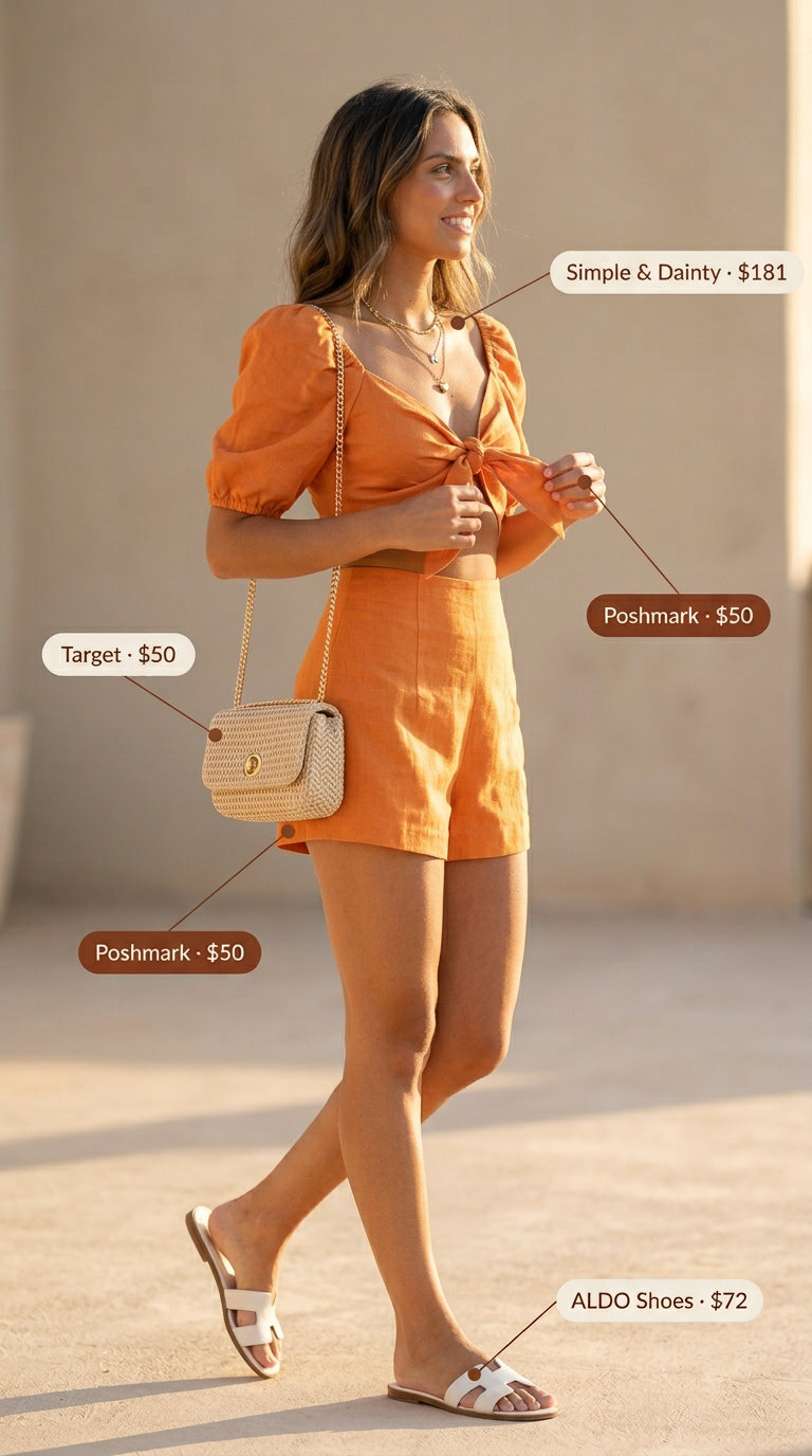 Warm sunset orange linen co-ord set for colorful summer outfits for women 2026. Relaxed chic style.