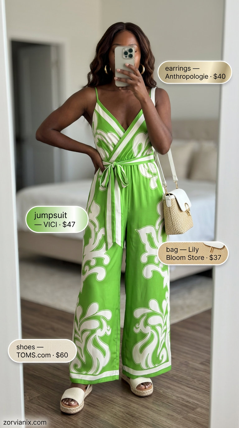Bold tropical print jumpsuit for colorful summer outfits for women 2026. Vacation ready style.