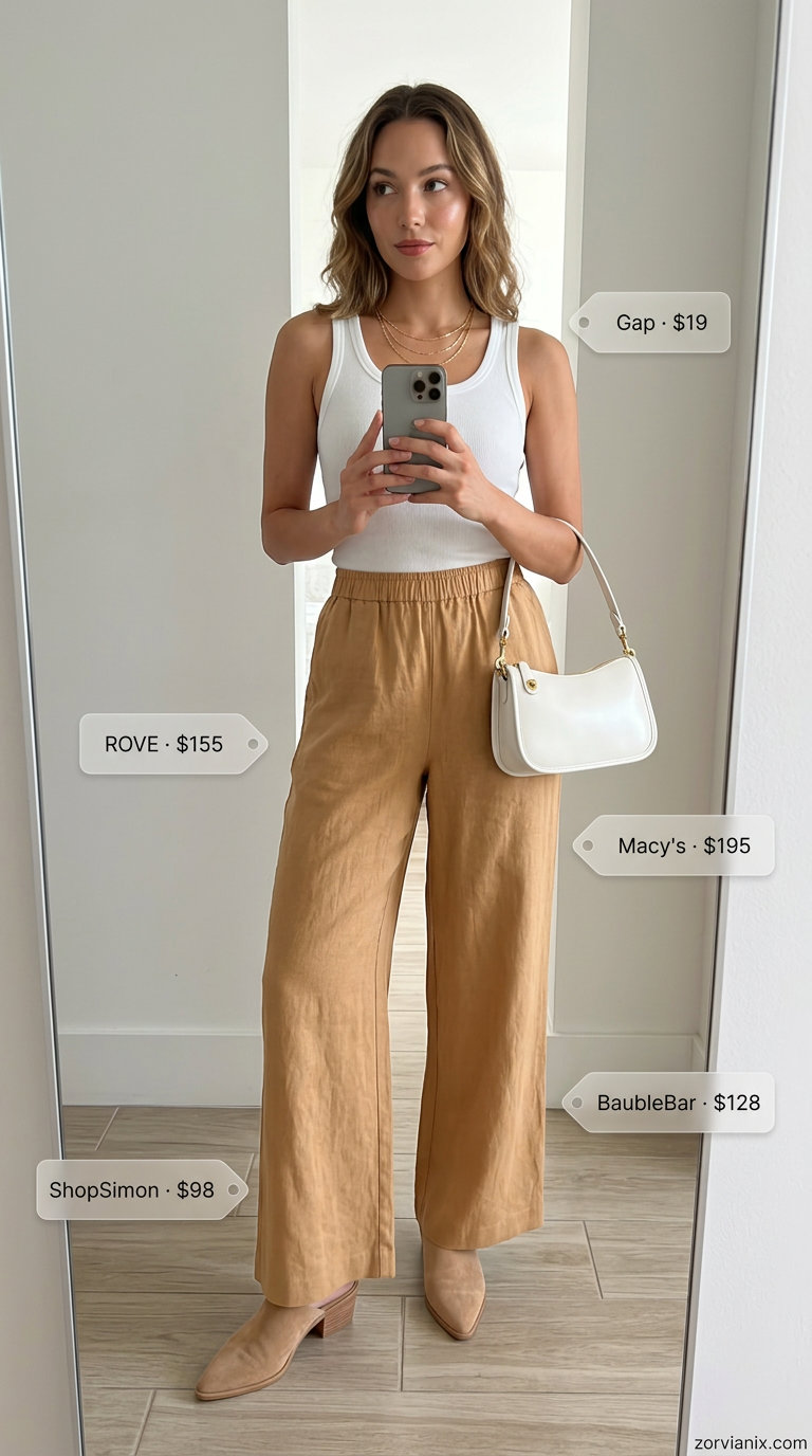 Camel linen pants and white tank for elegant colorful summer outfits for women 2026 evening.