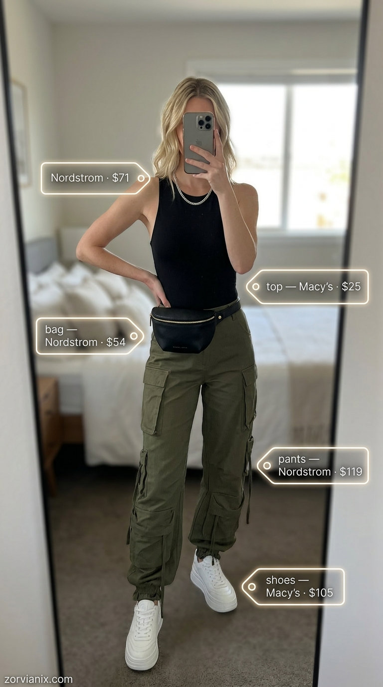 Edgy olive green cargo pants outfit for women, ideal for city exploration and streetwear.