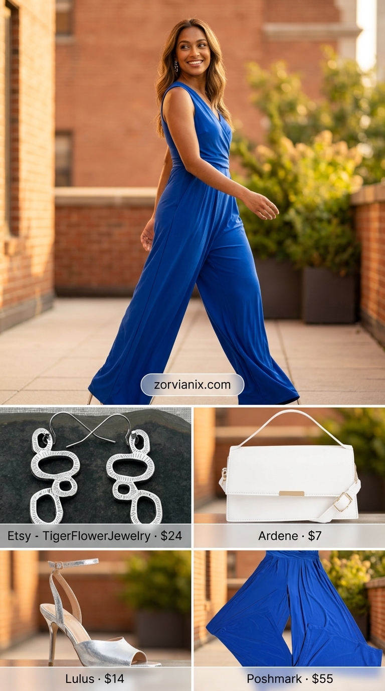 Cobalt blue jumpsuit for women, perfect for summer parties and dinner. Styled with silver accessories.