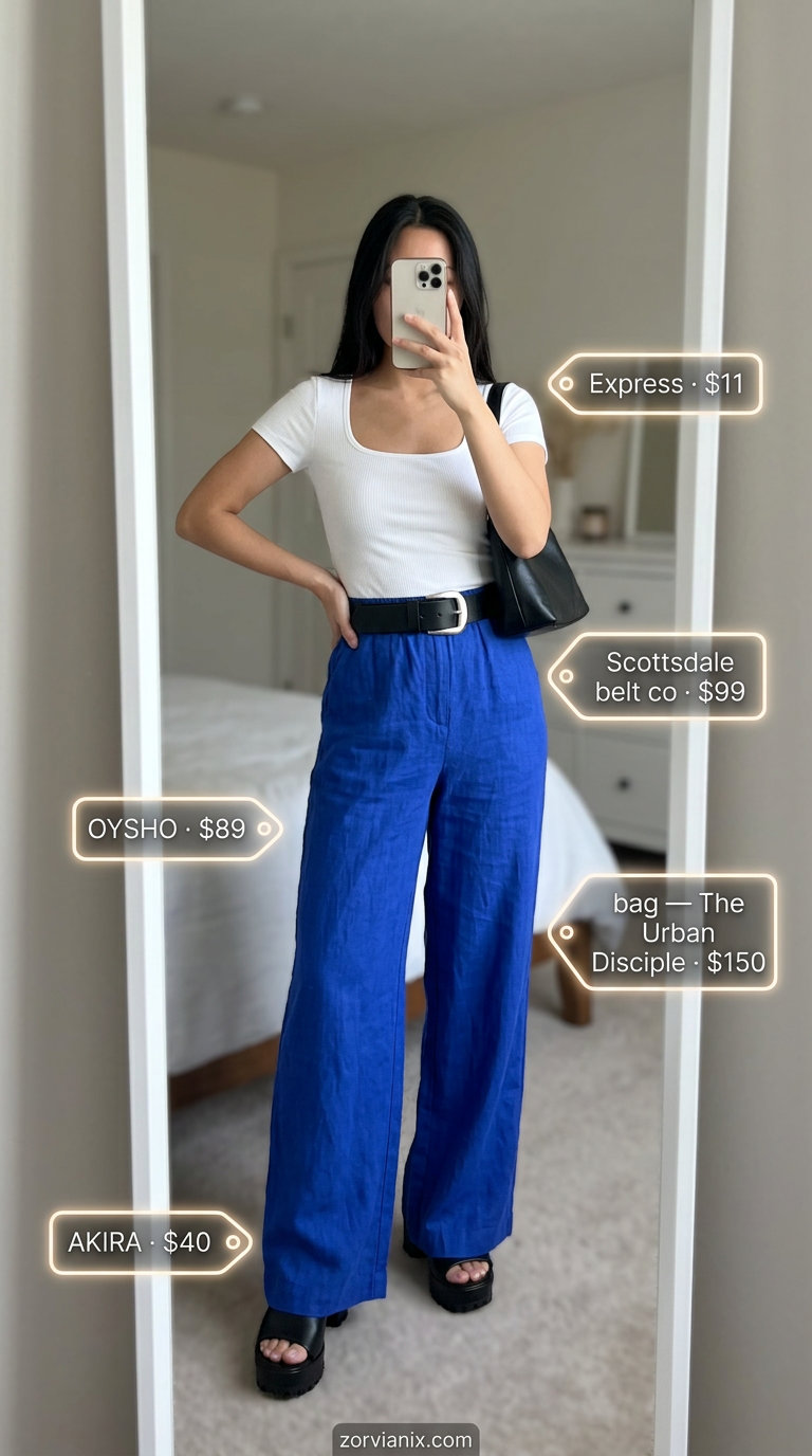 Edgy cobalt blue wide-leg pants outfit for women, perfect for evening events and concerts.