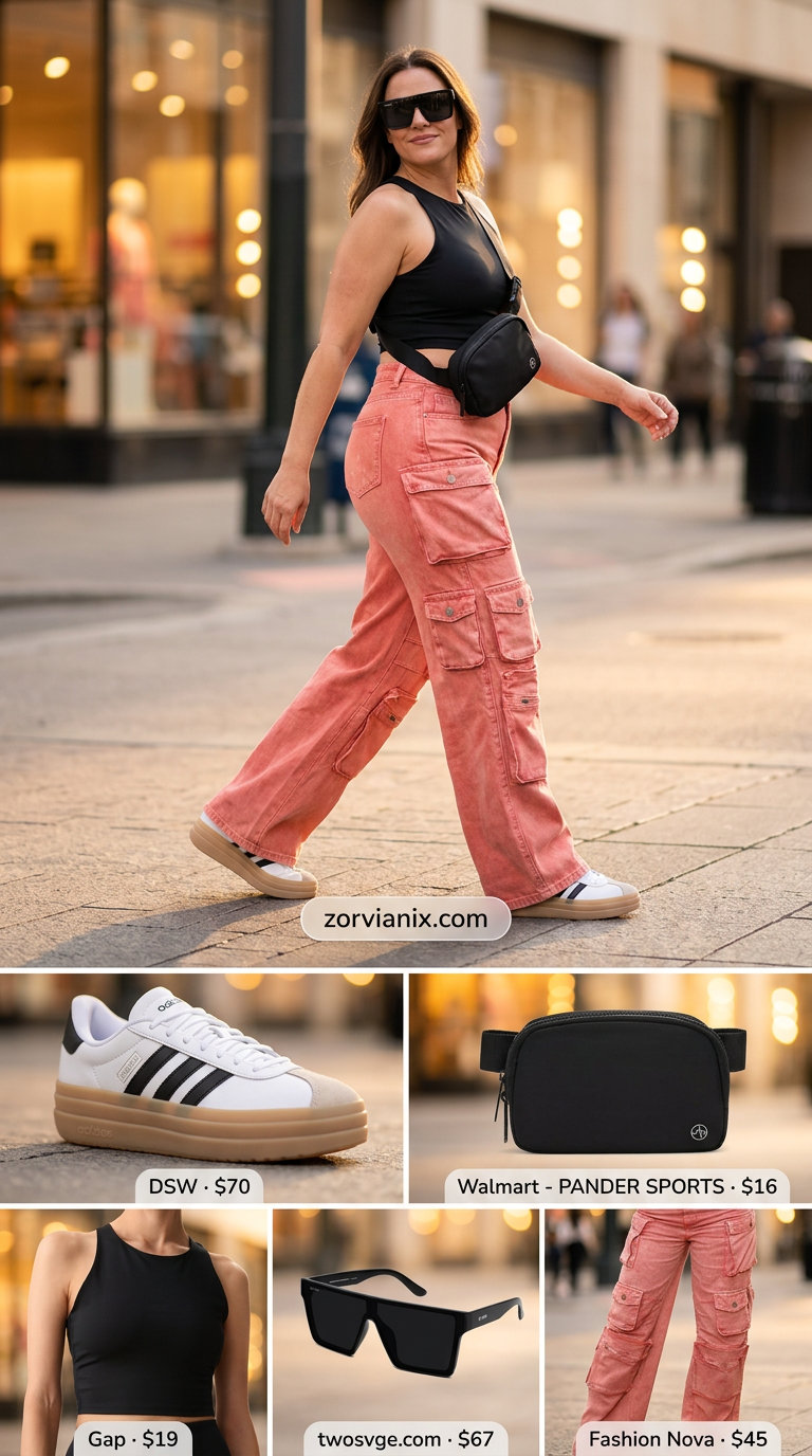 Coral cargo pants outfit for edgy colorful summer outfits for women 2026.