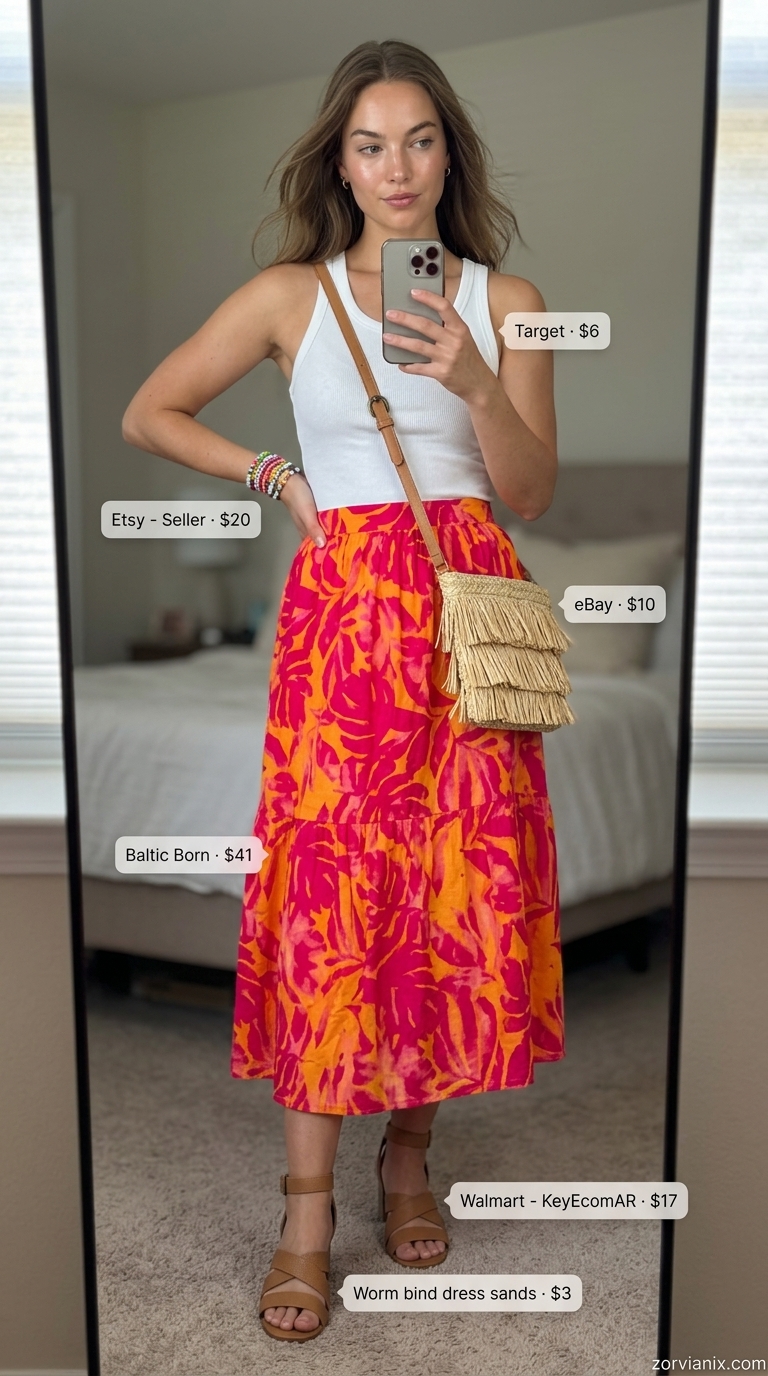 Festive floral midi skirt outfit for women, great for summer fiestas and outdoor markets.