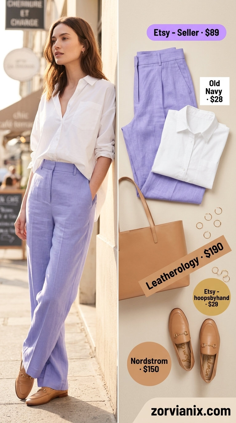 Sophisticated lavender linen pants outfit for women, great for summer office casual and daytime events.