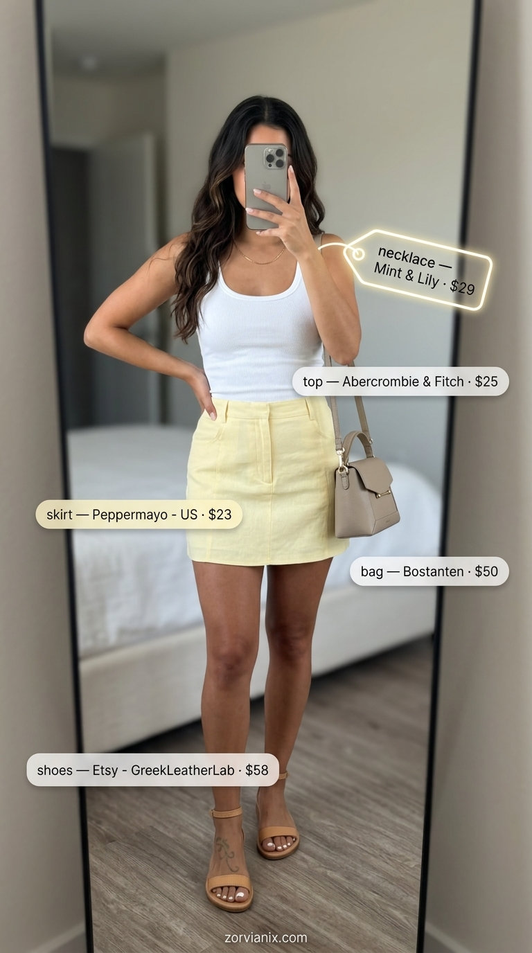 Lemon yellow mini skirt outfit for playful colorful summer outfits for women 2026.
