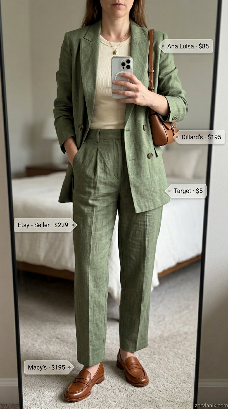 Olive green linen matching set for women, perfect for colorful summer outfits 2026 business casual events.