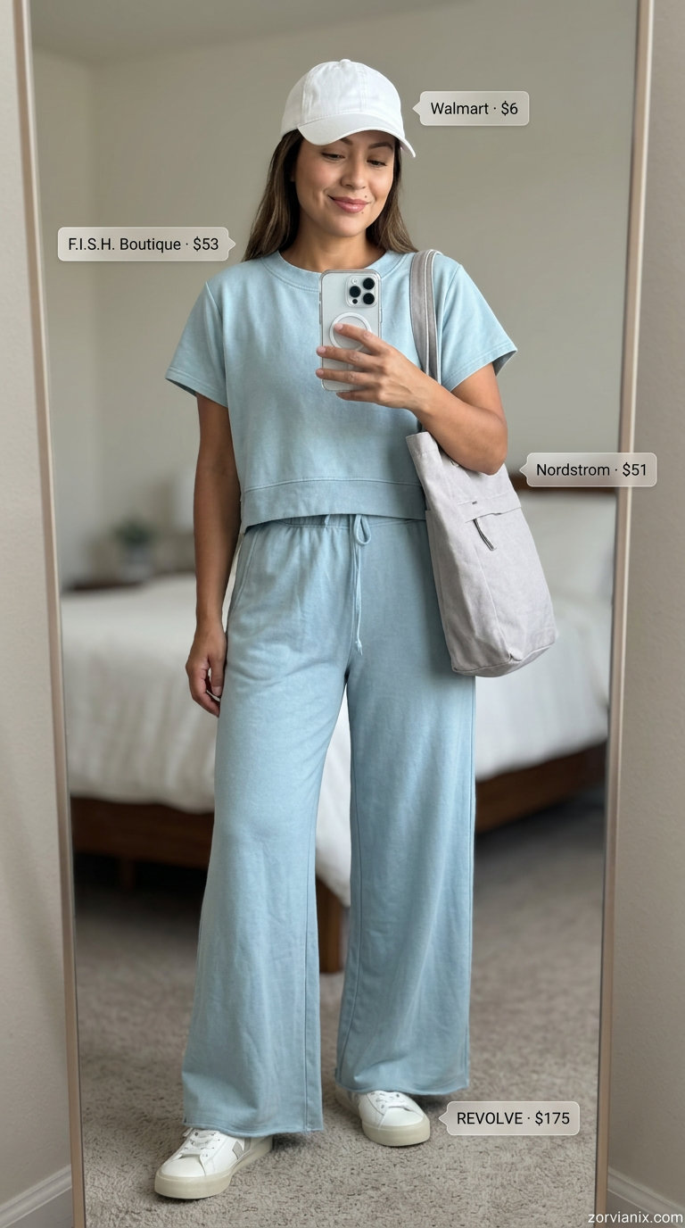 Pastel blue lounge set for relaxed colorful summer outfits for women 2026.