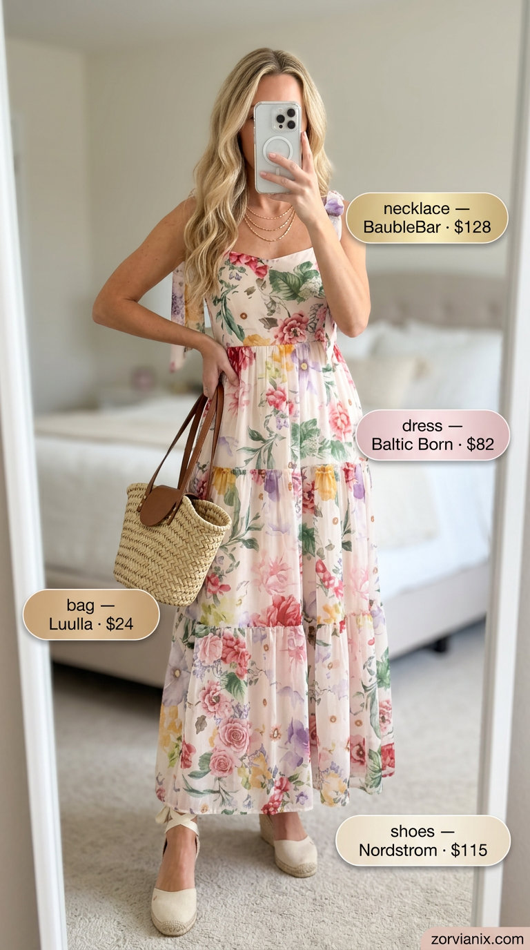 Bohemian watercolor print maxi dress for women, perfect for summer evenings and vacation dinners.