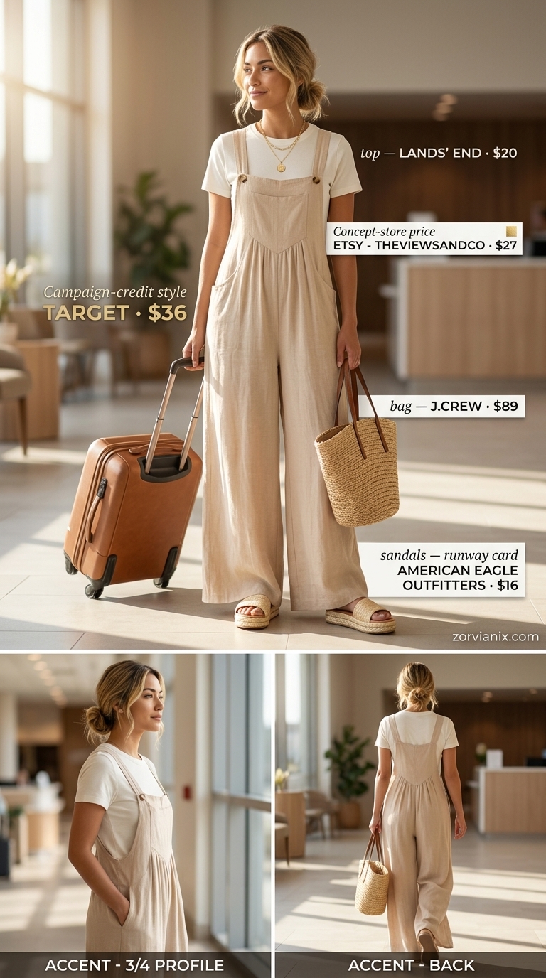 Comfy airport outfits summer for women 2026: Tan linen overalls, cream tee, straw tote, woven slides, and layered necklaces for bohemian travel.