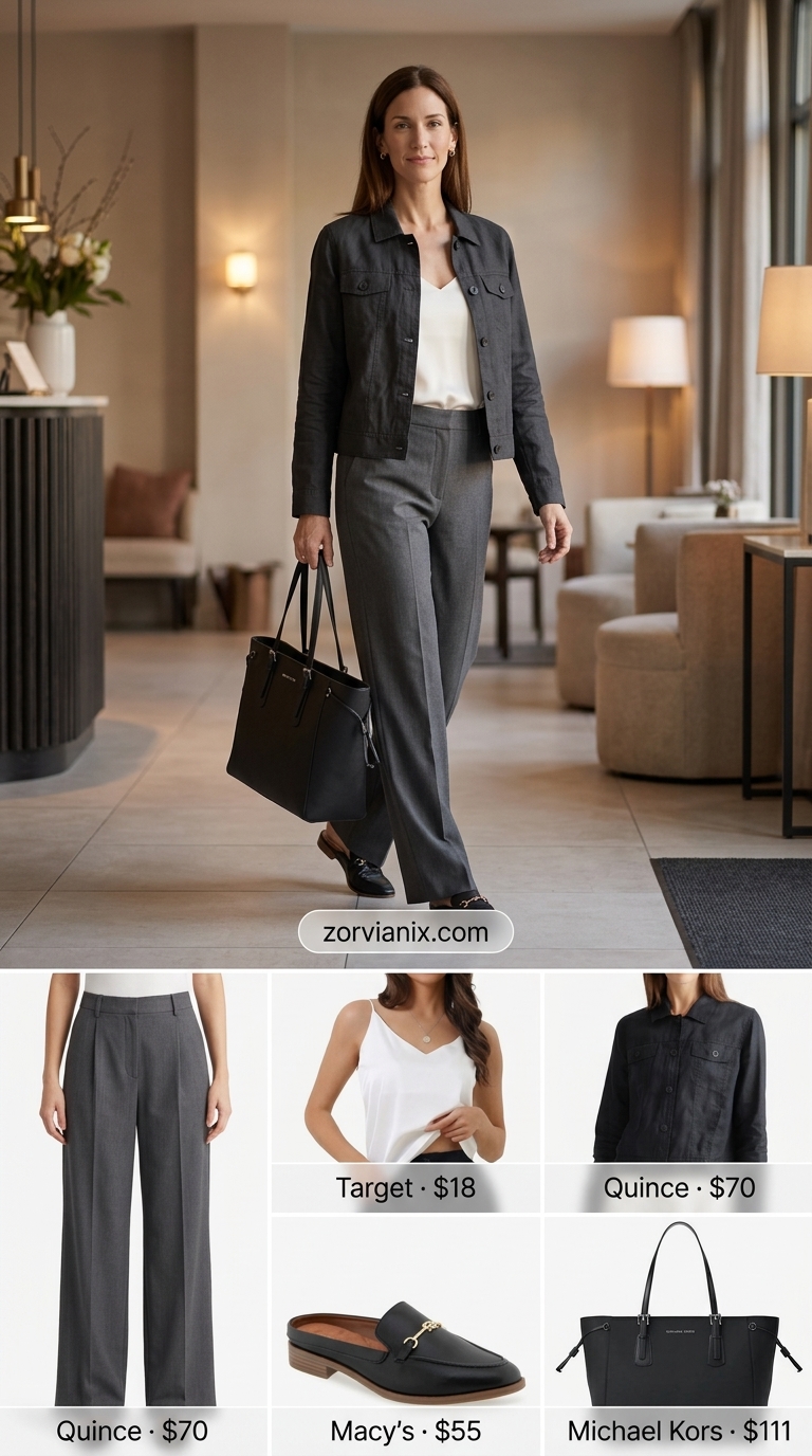 Comfy airport outfits summer for women 2026: Charcoal wide-leg trousers, ivory camisole, black blazer, black mules, and tote for business travel.