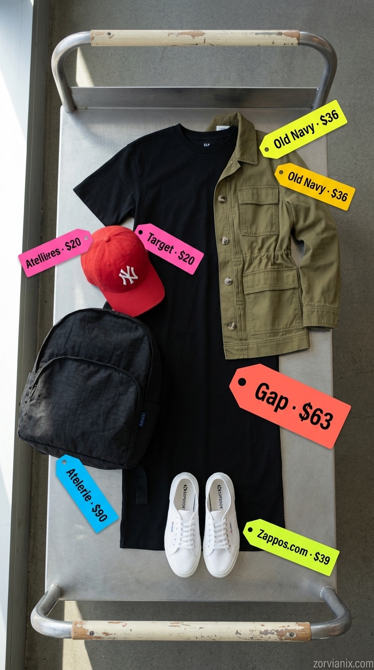 Comfy airport outfits summer for women 2026: Black maxi t-shirt dress, utility jacket, white sneakers, backpack, and cap for casual travel.