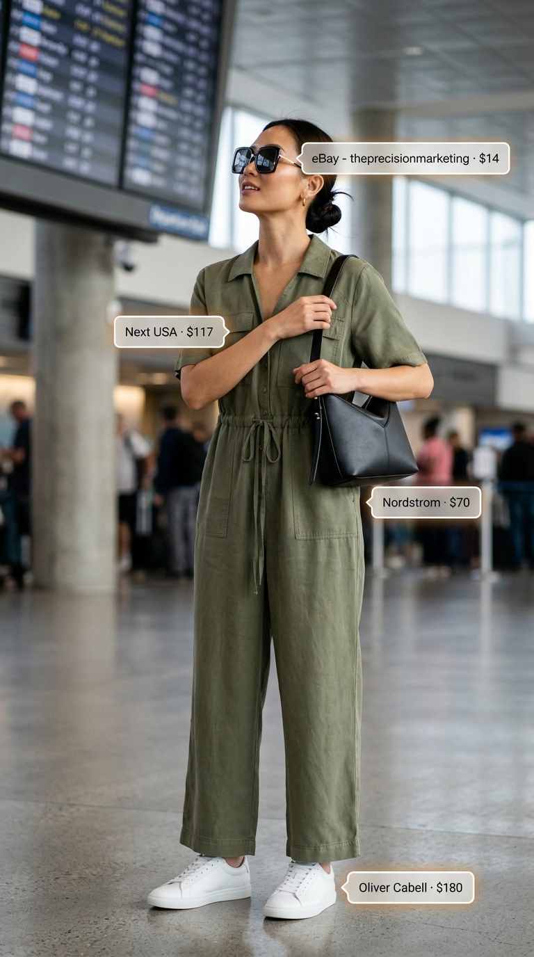 Comfy airport outfits summer for women 2026: Khaki utility jumpsuit, white sneakers, black crossbody bag, and sunglasses for city breaks.