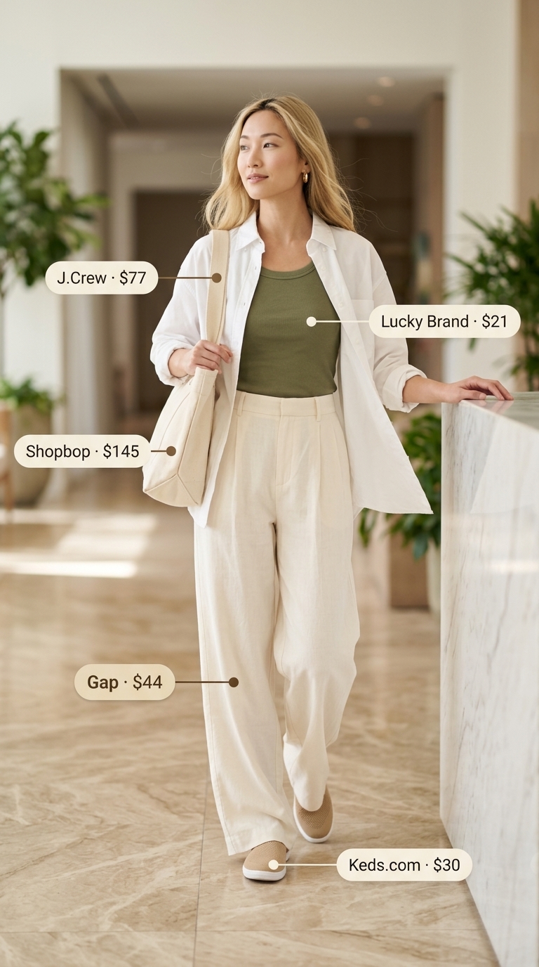Comfy airport outfits summer for women 2026: Cream linen pants, olive tank, white button-down, canvas sneakers, and tote for coastal travel.
