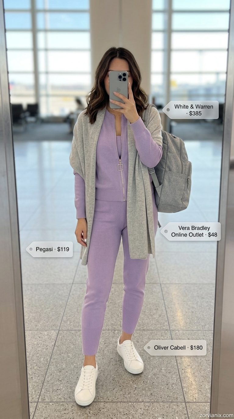 Comfy airport outfits summer for women 2026: Lavender cashmere knit set, white sneakers, grey backpack, and travel wrap for long flights.
