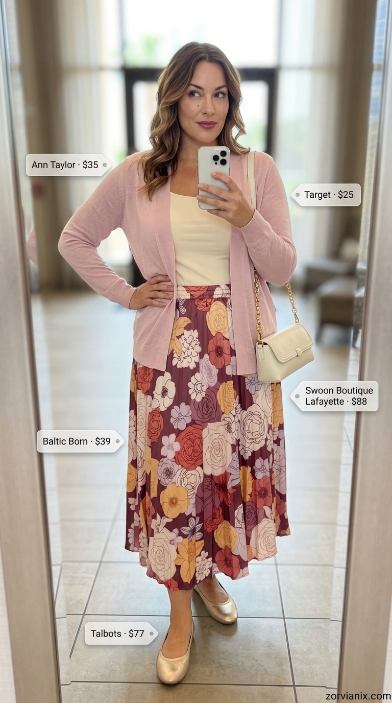 Comfy airport outfits summer for women 2026: Dusty rose floral skirt, ivory cami, rose cardigan, gold flats & shoulder bag.