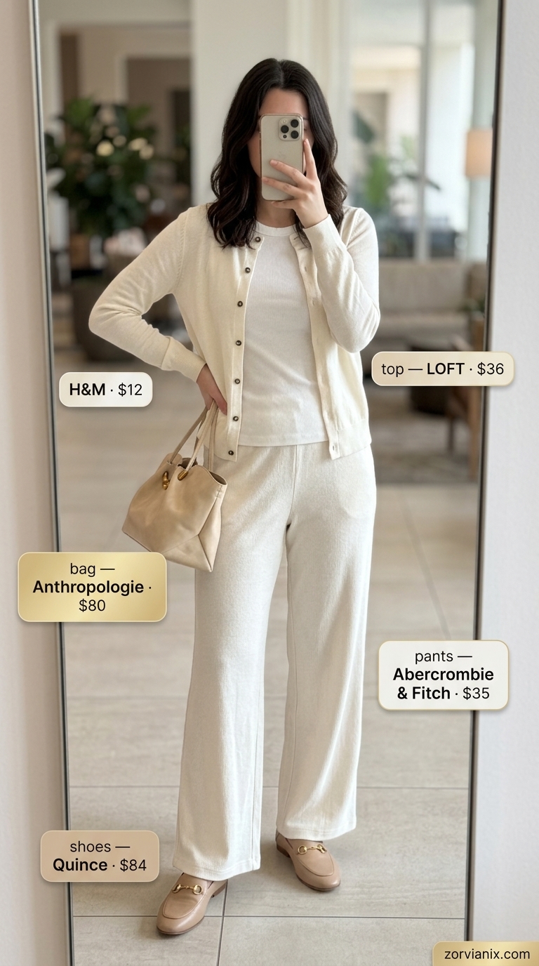Comfy airport outfits summer for women 2026: Cream wide-leg pants, beige cardigan, tank top & loafers for minimalist travel.