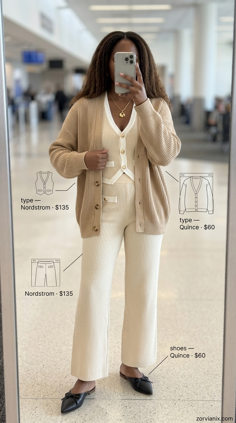 Comfy airport outfits summer for women 2026: Warm beige knit set, cream cardigan, gold necklace, leather mules & crossbody bag.