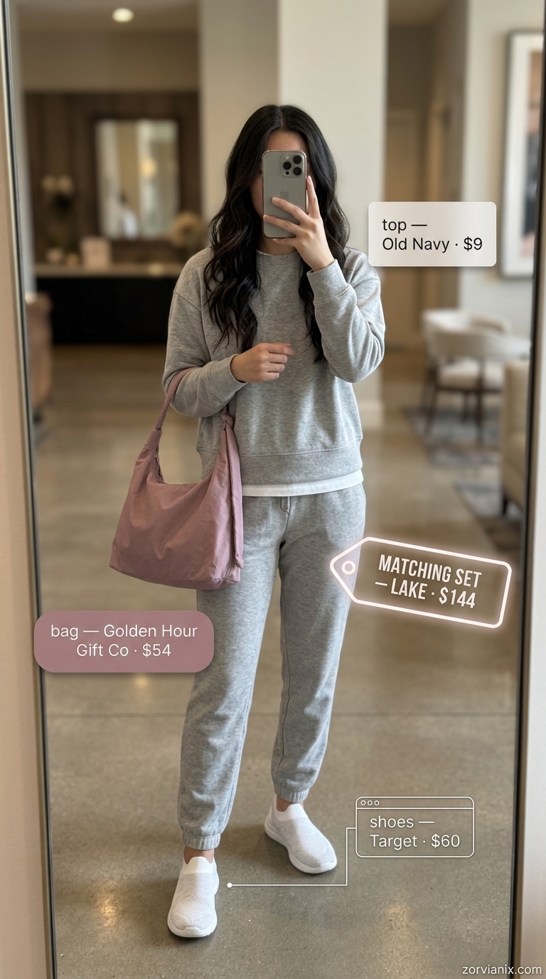Comfy airport outfits summer for women 2026: Heather gray knit set, white tee, white sneakers, and dusty rose shoulder bag for relaxed travel.