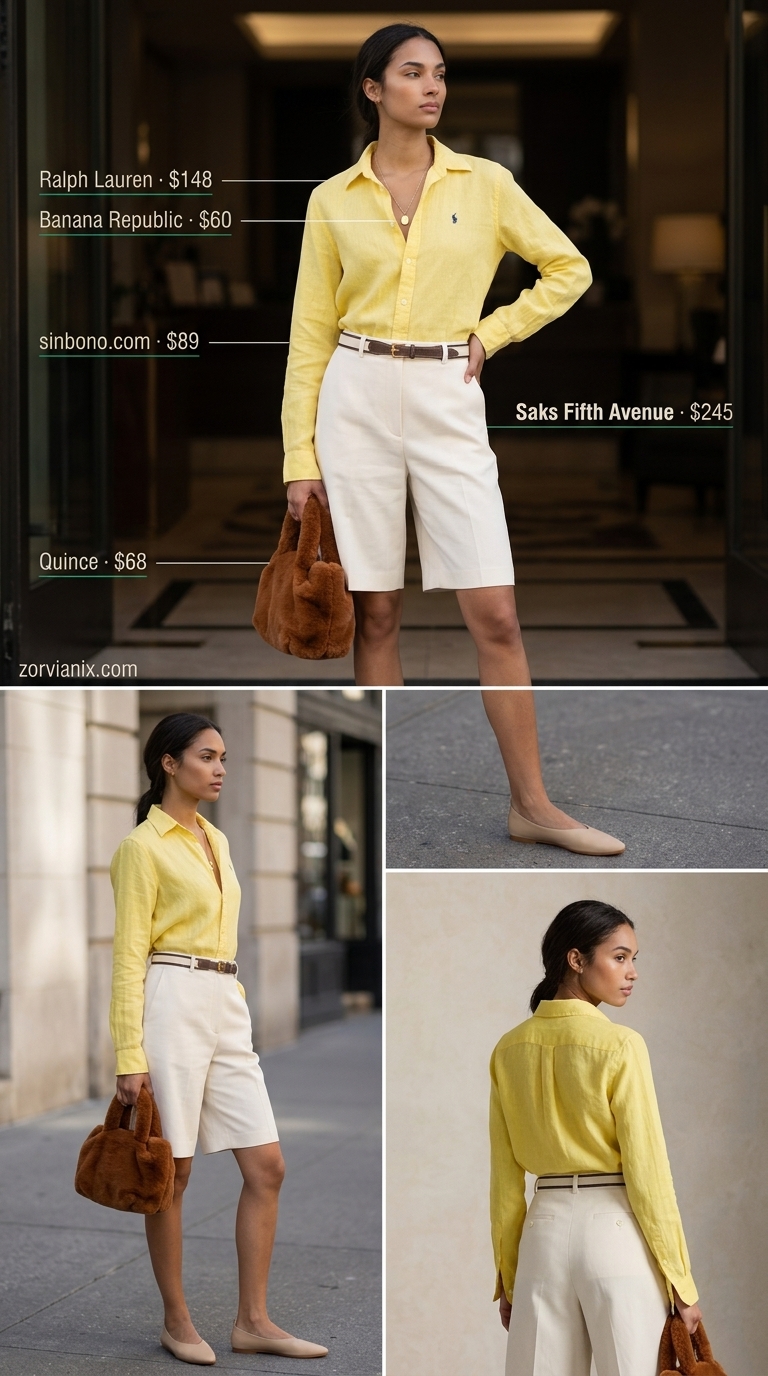Comfy airport outfits summer for women 2026: White Bermuda shorts, yellow shirt, floral scarf & nude flats for resort travel.