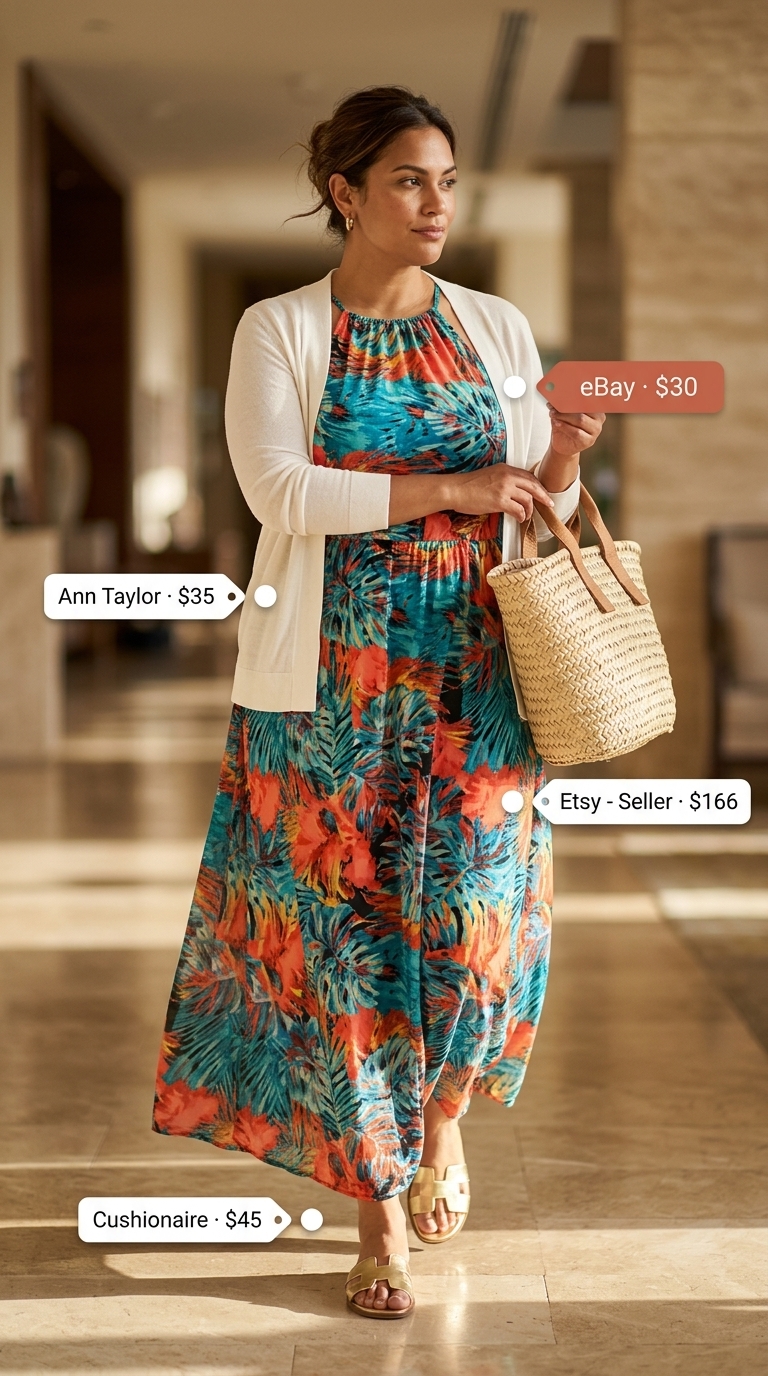 Comfy airport outfits summer for women 2026: Teal tropical print maxi dress, knit cardigan, gold slides, and raffia tote for resort travel.